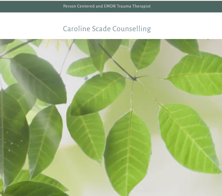 A banner-style graphic with a dark teal header reading 'Person Centered and EMDR Trauma Therapist' and the text 'Caroline Scade Counselling' above a close-up photo of bright green leaves on a soft light background.